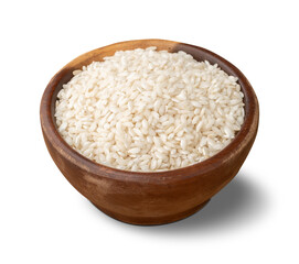 Raw carnaroli risotto rice in a bowl isolated over white background