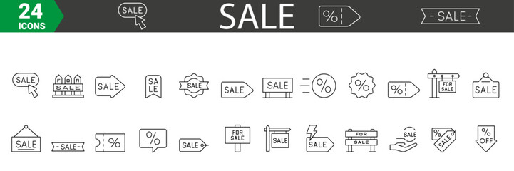 Set of 24 Sale line icons. Shopping cart, delivery gift and tags, discount, sale and wallet. Purchase online. Vector