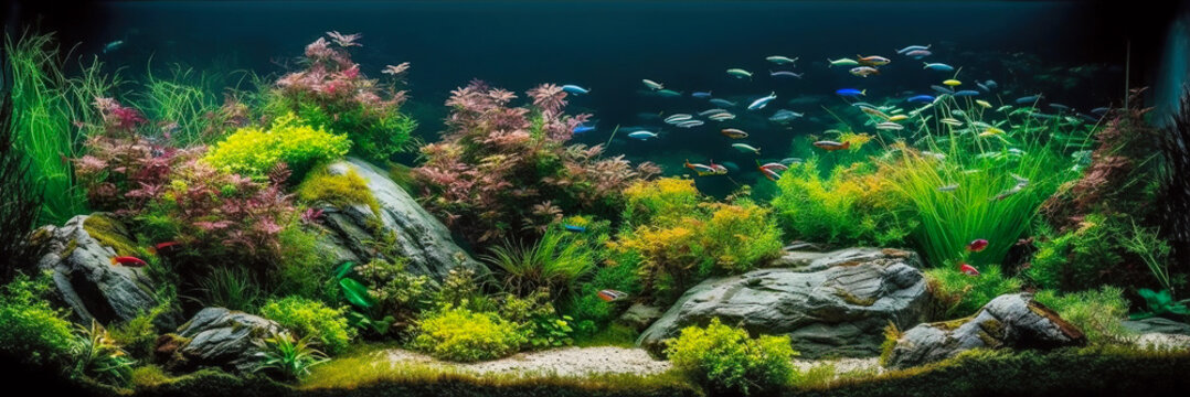 Aquarium, aquascaping example, with plants and fishes, panoramic banner, AI generative