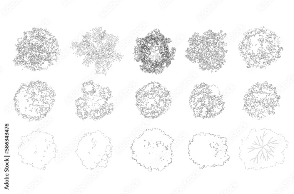 Poster set of tree top view for landscape plan and architecture element. trees plan line cad, tree plan drawing, elements for environment and garden