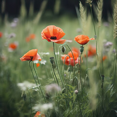 AI generated Red poppies on a field at sunset. Soft focus.