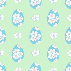 Blue eggs with flowers on the green backround, seamless pattern, Easter decor, fabric textile design and wrapping paper