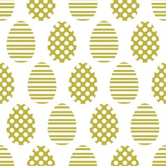 Olive eggs with stripes and polka dot on the white backround, seamless pattern, Easter decor, Easter eggs, Fabric textile design and wrapping paper