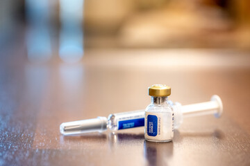 Vial and syringe with glucagon as emergency kit for diabetics - obrazy, fototapety, plakaty