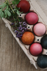 A tray with naturally painted Easter pink, red, dark blue and orange eggs with spring flowers on wooden table.