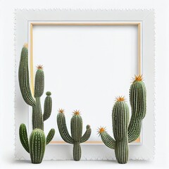 Obraz na płótnie Canvas An empty square frame with green cactuses on white background. Succulent plants. Ai generated abstract illustration with a square frame with green cactuses.