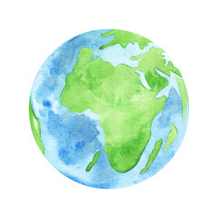 Planet Earth water color illustration. Symbol of life, nature, foundation, ecology, international events. Hand drawn watercolour painting on white background, isolated clip art element for design.