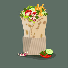 shawarma illustration. middle eastern sandwich-like wrap with meat cut, fries and vegetables