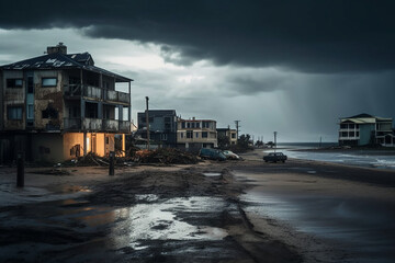 A Deserted Coastal Town, With Remnants Of Flooded Buildings And A Dark, Stormy Sky Overhead.