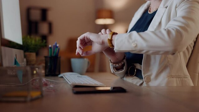 Keyboard, Typing And Hands Check Time In Office While Working Late On Email, Online Project Or Deadline. Computer, Night And Business Woman Or Person Writing, Planning Schedule On Watch And Research