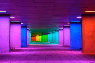 Poster Colorful mulitcolord illuminated gallery tunnel rainbow passage under NAI building, Nederlands Architecture Institute near Museum Park, Rotterdam, The Netherlands © Dmitry Rukhlenko