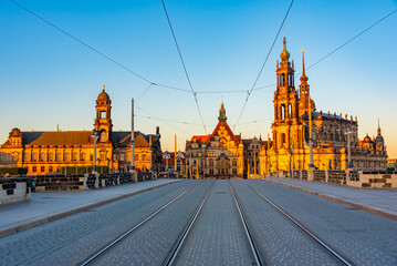 Sunrise view of Georgentor and holy trinity cathedral in German town Dresden