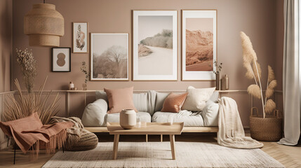 Bohemian Interior Design Style living room in pastel colors mock-up with frame for picture generative ai