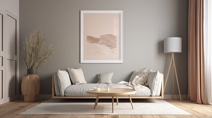 Bohemian Interior Design Style living room in pastel colors mock-up with frame for picture generative ai