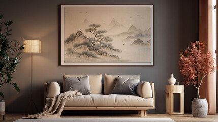 Bohemian Interior Design Style living room in pastel colors mock-up with frame for picture generative ai