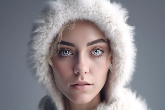 Woman with white woolen hair and woolen hood, fictitious person. AI generated image