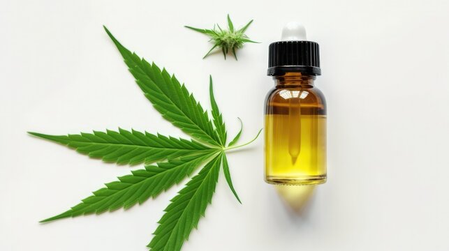 CBD Oil glass bottle with Marijuana leaves , Cannabis liquid, Generative AI Technology