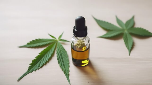CBD Oil glass bottle with Marijuana leaves , Cannabis liquid, Generative AI Technology