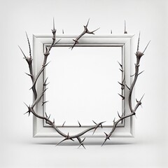 An empty square frame with grey thorns on white background. Ai generated abstract black and white illustration with a square frame with sharp spikes.