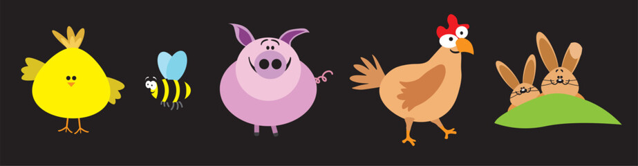 Funny domestic animals, vector collection on black background