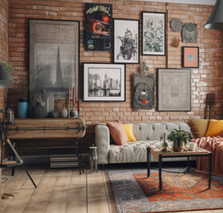 Eclectic Interior Elegance: Wall art, interior style mix, vintage furniture, generative ai