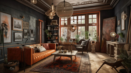 Fototapeta na wymiar Eclectic Interior Elegance: Wall art, interior style mix, vintage furniture, generative ai