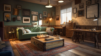 Eclectic Interior Elegance: Wall art, interior style mix, vintage furniture, generative ai