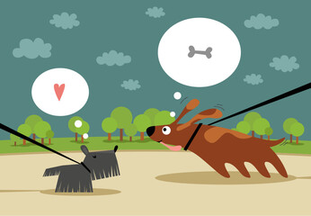 Dogs are dreaming on the walk.
Illustration of the dogs on a leashes are walking in the park