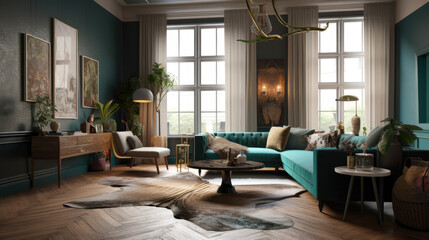 Eclectic Interior Elegance: Wall art, interior style mix, vintage furniture, generative ai