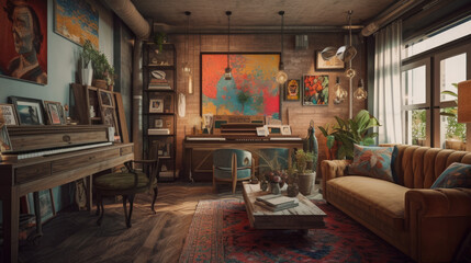 Eclectic Interior Elegance: Wall art, interior style mix, vintage furniture, generative ai