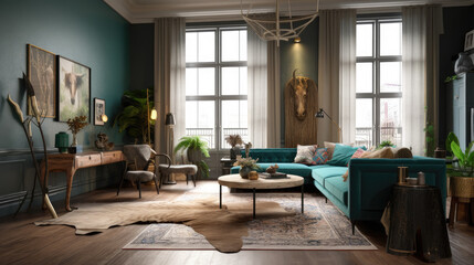 Eclectic Interior Elegance: Wall art, interior style mix, vintage furniture, generative ai