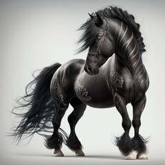 Obraz na płótnie Canvas portrait of a decorated black horse on black background, native americans pony, generative ai