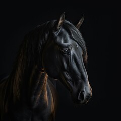 Obraz na płótnie Canvas portrait of a black horse on black background, generative ai