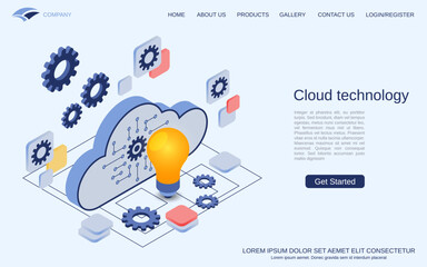 Cloud technology, data processing, network modern 3d isometric vector concept illustration. Landing page design template