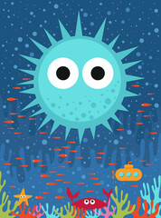 Illustration of the echinus, sea animals and fishes, yellow submarine floating near coral reef