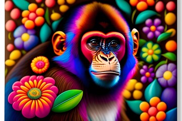  Monkey Portrait with Colorful Flowers. Generative AI. 