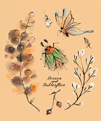 Bunches of berries, butterflies, bugs and flowers in watercolor style on a vintage ochre beige background. Delicate elegant style of postcards, backgrounds.