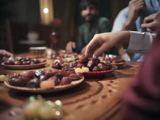 Ramadan dinner table - Iftar Table - Muslim family breaks the fast - Iftar Meal - Generative AI