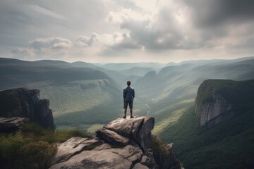 Fototapeta premium traveler or adventurer on top of the mountain, generative ai