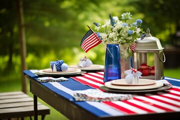A professional Fourth of July backyard cookout product shot, featuring a close-up of an empty picnic table meticulously. Created using generative AI tools