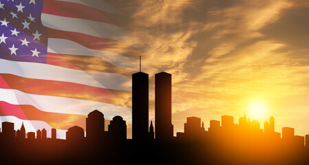 New York skyline silhouette with Twin Towers and USA flag at sunset. American Patriot Day banner. - obrazy, fototapety, plakaty