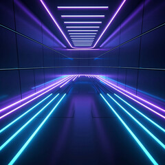 Sci Fy fading blue/purple neon lines in a dark hall, 3d rendering, abstract glowing lines ,futuristic , backround, Created using generative Ai, 