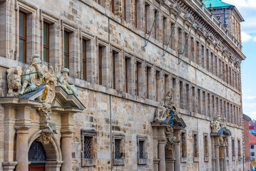 View of historical buildings at Rathausplatz in Nürnberg, Germany.
