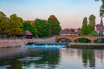 Cityscape of river Pegnitz in German town Nürnberg