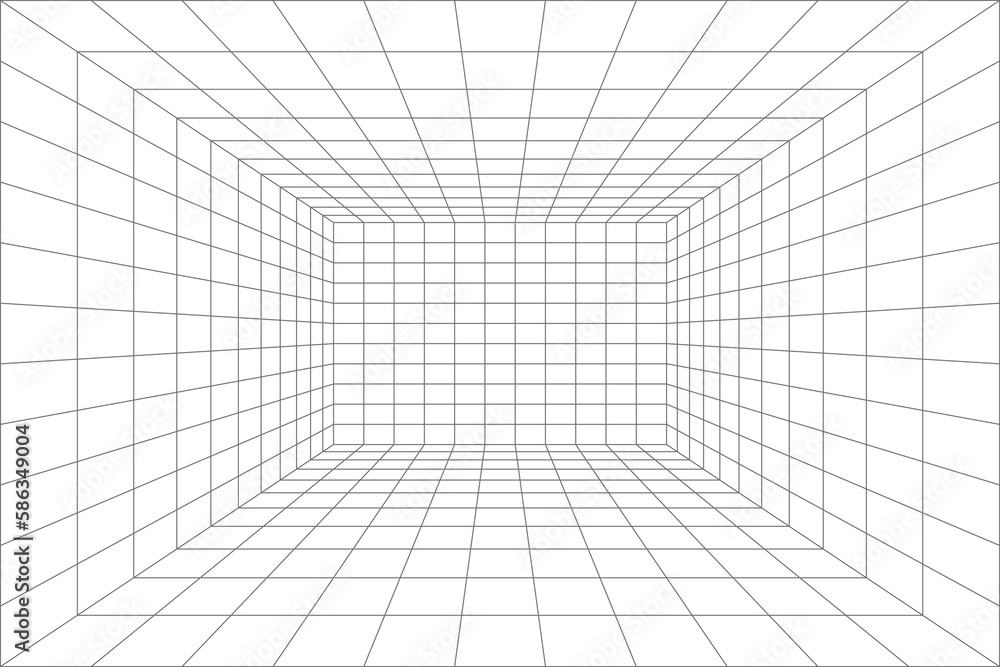 Poster Room projection grid in futuristic 3d style. Outline futuristic grid background, room projection. Wireframe grid template in perspective view. Vector