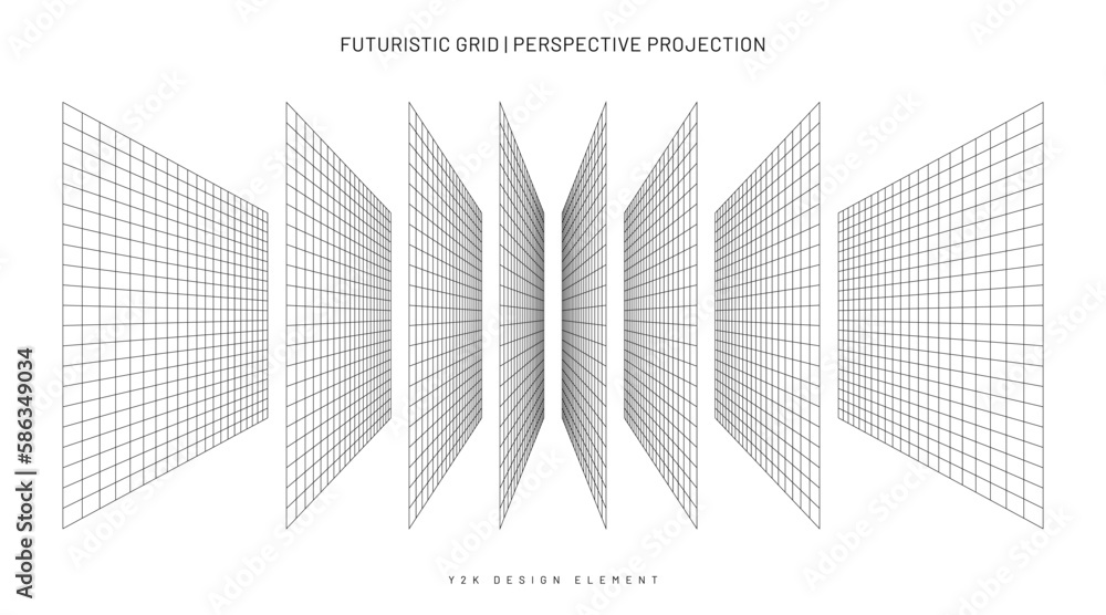 Poster Retro grid in perspective projection, Y2K style design elements collection. Geometric grid and mesh in futuristic and retro style. Vector