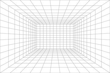 Room projection grid in futuristic 3d style. Outline futuristic grid background, room projection. Wireframe grid template in perspective view. Vector - 586349004