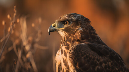 A Hawk in the wild at golden hour. Beautiful shallow focus depth of field illustration shot. Generative AI.