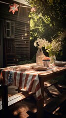 A stunning vertical retro photograph of classic American picnic table. The background is artistically out of focus. Created using generative AI tools