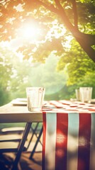 A stunning vertical photograph of a summer picnic table with empty water glasses. The background is artistically out of focus. Created using generative AI tools